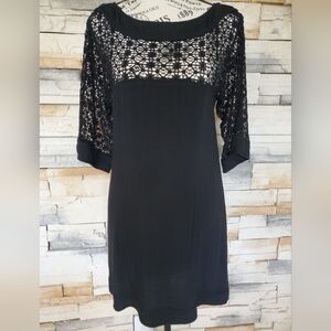 Elegant Little Black Linen with Cotton Crochet Lace Mini Dress Size XS-S